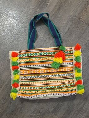 Colorful Tassel Stripe Tote Bag - Green, Orange & Yellow